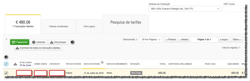 Para ver várias faturas clique em (1) para selecionar todas as faturas e depois clique em (2) para obter um ficheiro zip com todas as faturas.