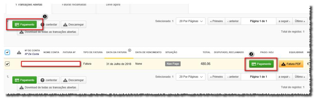 PAGAR UMA FATURA As faturas podem ser pagas online, através de pagamento VISA, MasterCard, Amex, etc: 1. Selecionar as faturas devidas. 2.