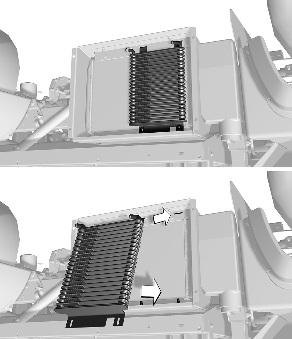 11 Instalação do refrigerador 1 Refrigerador de óleo 1. Insira as patilhas de montagem do refrigerador de óleo nas ranhuras sob o radiador (Figura 12).