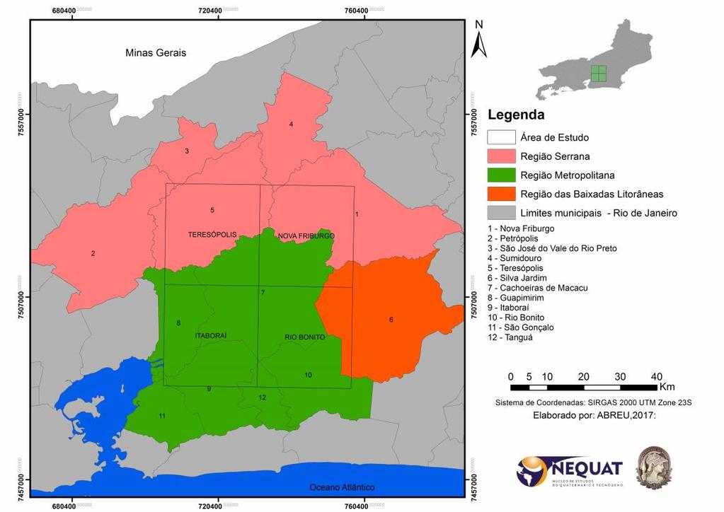 Fig. 1 Localização da área de estudo com apresentação das cartas topográficas analisadas que recobrem parcialmente trechos das denominadas regiões Serrana, Metropolitana e das Baixadas Litorâneas do