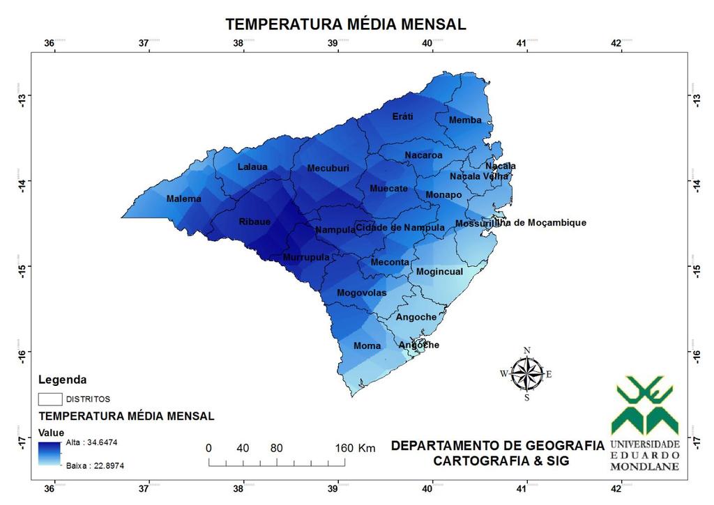 Fig. 8: Mapa de precipitação média mensal, Província de Nampula. Fonte: elaborado pelo autor, base cartográfica: CENACARTA.