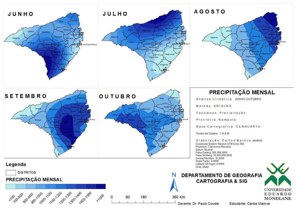 Fig. 7: Mapas de distribuição da precipitação mensal, Província de Nampula. Fonte: elaborado pelo autor, base cartográfica: CENACARTA.