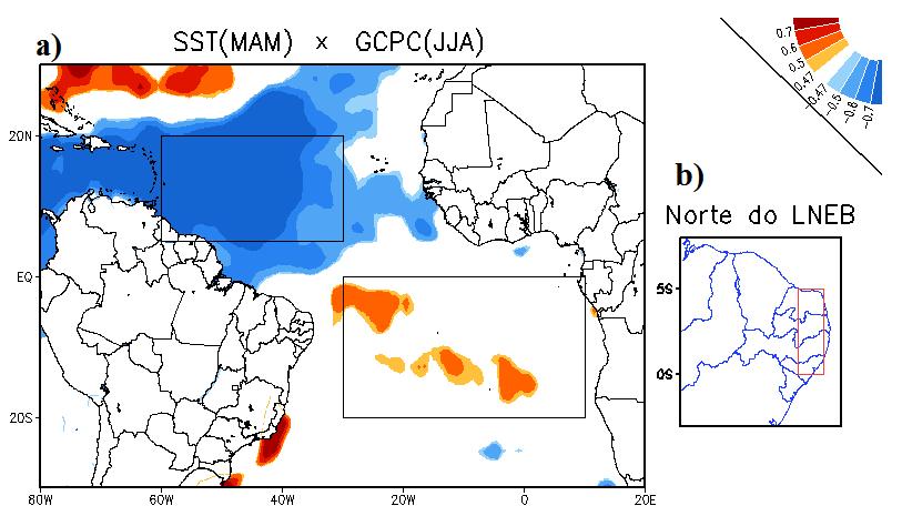 Figura 1 a) Correlação entre as Anomalias de TSM de MAM do Atlântico Tropical durante cenários climáticos e anomalias de precipitação do b) NLNEB de JJA.