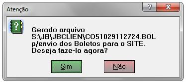 2) O sistema exibirá uma mensagem com o número da Remessa. Esse número NÃO DEVE ser alterado (é automático) -> OK. 3) Será exibido um relatório com os boletos do período selecionado.