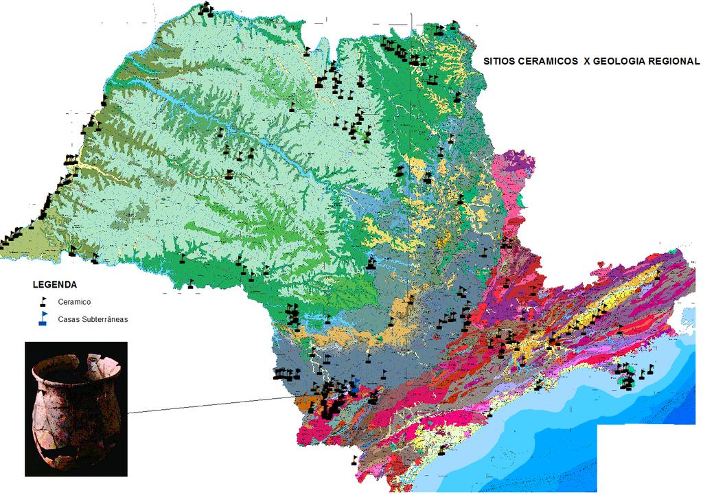 Distribuição dos sítios arqueológicos pré-coloniais, por tipologia, no Estado de São Paulo Distribuição por todos