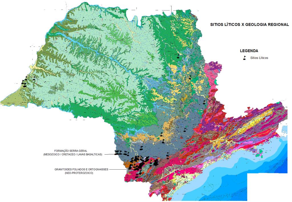 Distribuição dos sítios arqueológicos pré-coloniais, por tipologia, no Estado de São Paulo Sítios líticos associados às ocorrências de derrames e diques