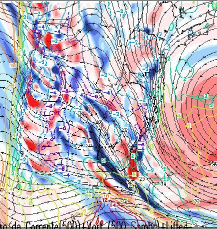 Figura 3: Linha de corrente, vorticidade (somb.) e índice LIFTED (contorno) no nível de 500mb.