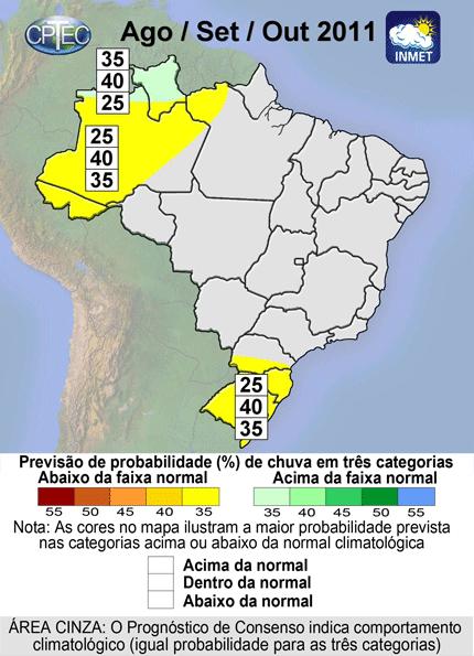 Figura 6 Previsão probabilística (em tercis) de consenso do total de chuva no período de Agosto a Outubro de 2011.