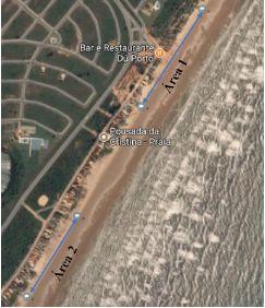Figura 1: Áreas de coleta Praia da Costa, Barra dos Coqueiros. Modificado do Google Maps, 2017.