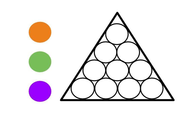 Apresentação Você dispõe de círculos em três cores diferentes. Como você organizaria 10 destes círculos no triângulo, de modo que 2 círculos da mesma cor nunca se tocassem?