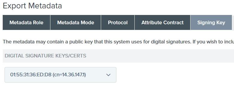 Sob a assinatura dos Metadata selecione o certificado de assinatura e a verificação inclui a chave pública deste certificado no elemento de informação