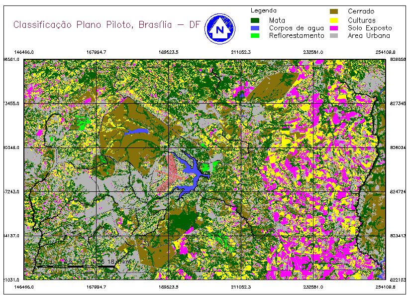Cerrado, com 1.205,67 km² (17,10%) e Culturas, com 1.193,32 km² (16,93%) representam quase 90% da área total. Figura 2. Classificação temática do Projeto Piloto de Brasília, DF.