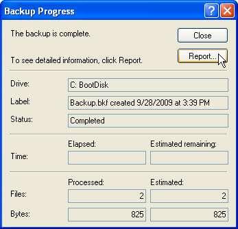 Quando o backup concluir, clique em Relatório. Um arquivo de log de backup será aberto. Vá até o final do arquivo. Quais arquivos foram copiados?