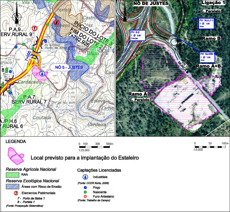 3.6 ESTALEIROS Segundo informação fornecida pela Concessionária, prevê-se a instalação de um estaleiro de apoio de obra na proximidade do Lote 2, mais concretamente na envolvente do Nó de Justes,