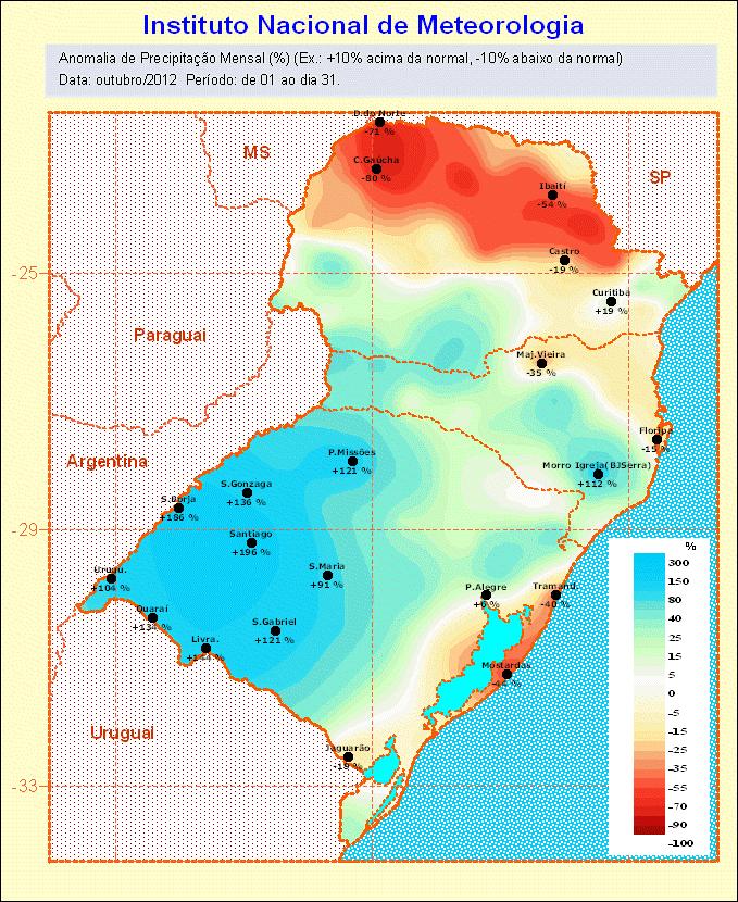 climatológico no leste e acima do padrão nas demais regiões (São Luiz Gonzaga e São Borja precipitação superior a 450 mm).