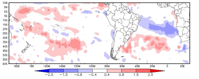 No Oceano Atlântico próximo a Região Sul do Brasil permaneceram pequenas anomalias positivas de