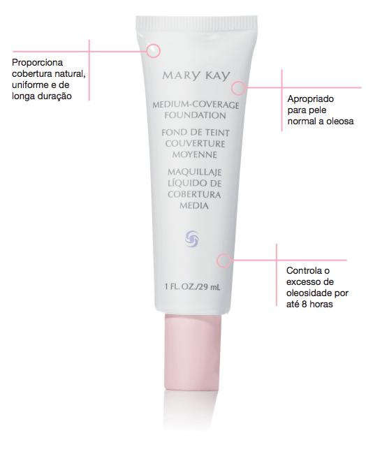 Bases Mary Kay de Cobertura Média A base de cobertura média controla a oleosidade por até 8 horas, proporciona cobertura de leve a intensa, dependendo de quantas camadas forem aplicadas.