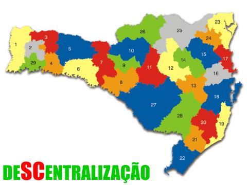 Governança: Modelo Descentralizado de Santa Catarina Foco principal : descentralização do planejamento e do orçamento do Estado. Abordagem regionalizada: instituída em 36 regiões.