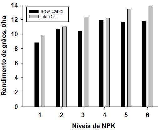 A produtividade da testemunha sem adubação do cultivar IRGA 424 CL foi de 8,8 Mg ha -1, enquanto que no T4, foi de 11,9 Mg ha -1, ou seja, incremento de 3,1 Mg ha -1 pela adubação.