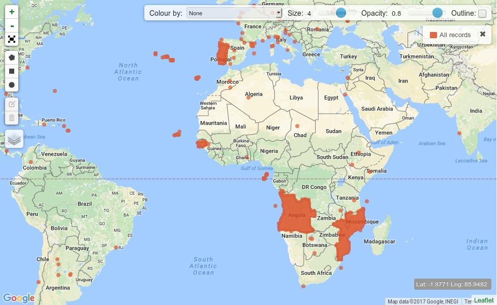 Dados de biodiversidade publicados por instituições portuguesas (~97 500) Angola