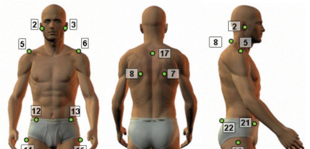 Pontos anatômicos demarcados na vista anterior, posterior e lateral segundo o protocolo SAPO. Fonte: http://demotu.org/sapo2/sapodoc.pdf.