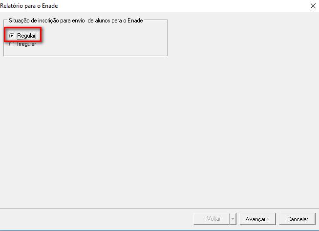 Selecione a situação REGULAR para geração dos inscritos no ENADE: No botão
