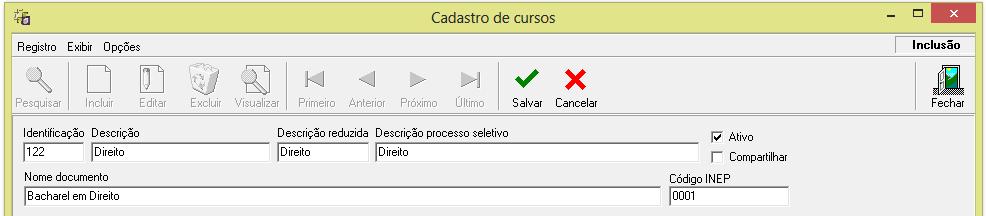 deve-se informar no cadastro do Curso, o Código INEP.