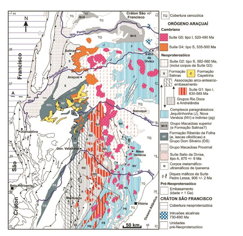 Trabalho de Conclusão de Curso, n. 257, 83p. 2017. Área de Estudo Figura 2.4: Mapa Geológico do Orógeno Araçuaí com destaque para a área deste estudo (modificado de Pedrosa Soares et al. 2008.