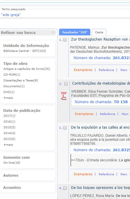 Neste pesquisa 417 referências bibliográficas foram encontradas, mas várias sem relações com a igreja. Como filtrar a pesquisa para eliminar as obras não ligadas à igreja?