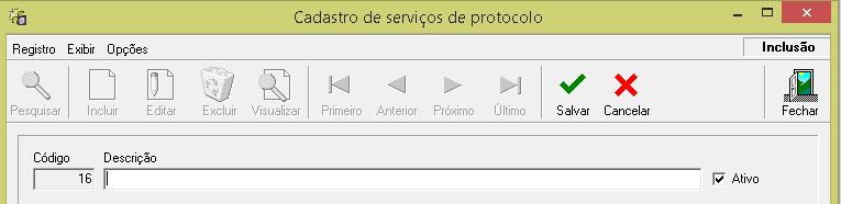 Parcelas vinculadas a protocolo não poderão ser excluídas e nem recalculadas via rotinas que mantém parcelas. 6. Cadastro de serviço do protocolo - PRT_CadServico.dll oferece.