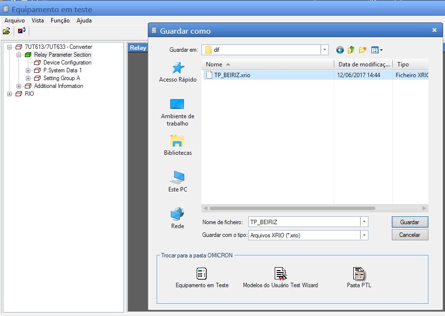 4.2 Modelo de Ensaios com OMICRON Control Center 43 Antes de se iniciar o ensaio, é necessário extrair o ficheiro RIO (Relay Interface by OMI- CRON) a partir do IED, com recurso à ferramenta de