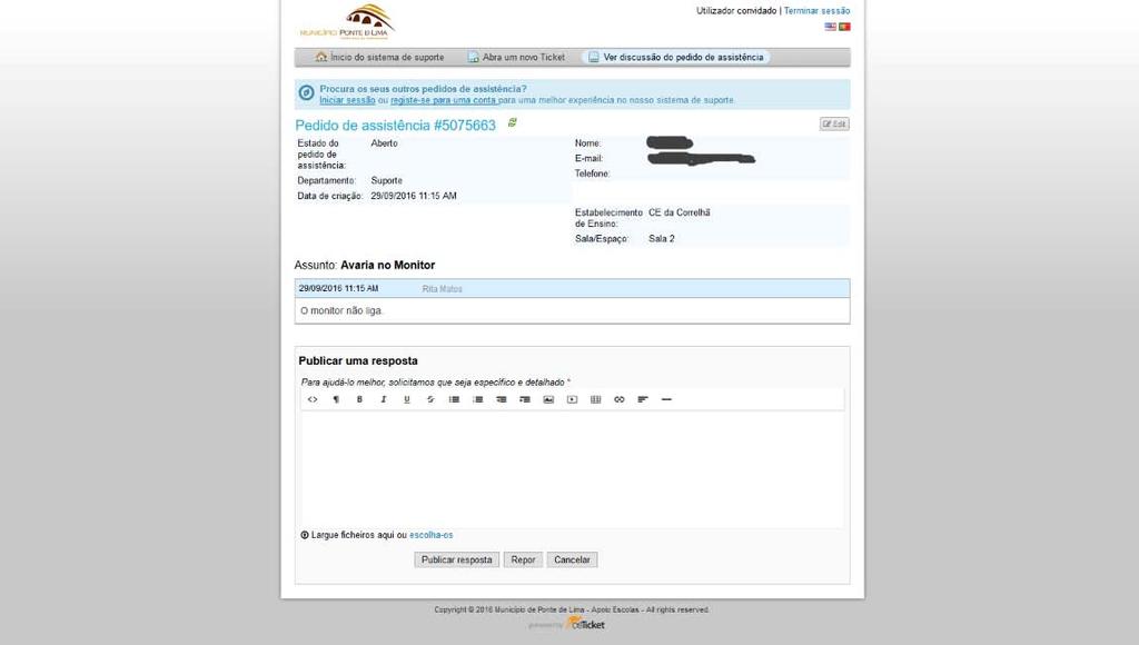 7º Passo: Nesta página pode ver o estado em que se encontra o seu pedido de assistência, os dados do pedido e de quem o submeteu e pode acrescentar mais informação ao pedido já existente.