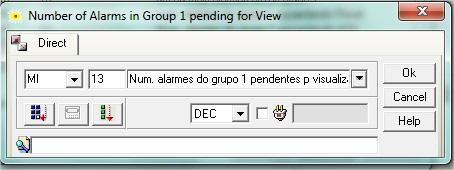 Nesta janela configuramos a MB, para mostrar os alarmes ativos deste grupo. Nesta janela configuramos a MI, para mostrar a quantidade de alarmes ativos aguardando RESET, deste grupo.