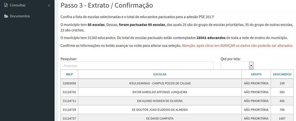 a quantidade total de educandos do município e a quantidade de educandos pactuada IMPORTANTE: Confira as informações com atenção.