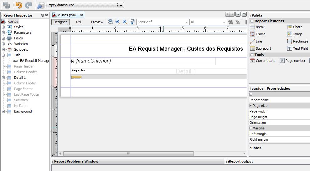 38 grande conhecimento em codificação XML. Segundo Lopes (2008, p. 24), para solucionar este problema foram criadas diversas ferramentas com interface gráfica, sendo o IReport, a mais difundida.