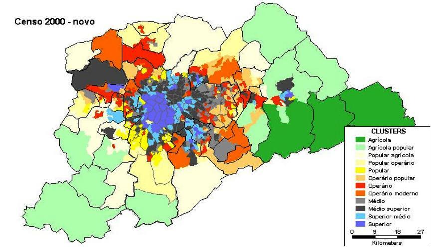 A distribuição dos espaços metropolitanos e o do município-pólo por clusters, em 2000, estão evidenciados conforme configuração das Figuras 3 e 4.