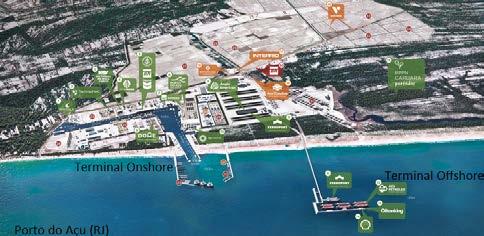 com dois terminais portuários: T1, terminal offshore voltado para movimentação de minério de ferro e petróleo; e T2, terminal onshore, com potencial para 14 km de cais, possui atualmente 6,5 km de
