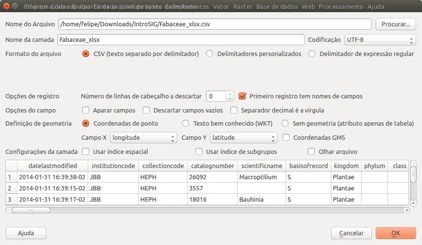 ferramenta Adicionar uma camada de texto delimitado, localizado na barra de ferramentas do QGIS. Na janela aberta (figura 3), definiremos o arquivo.