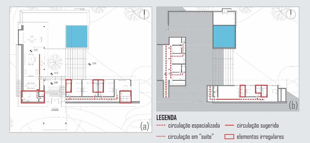 Figura 5: Circulações pavimento superior (a) e inferior (b). Residência FB, 2011.