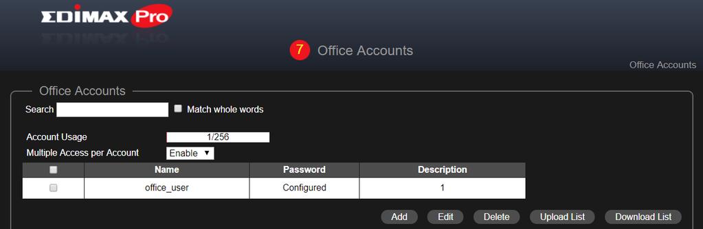 8. Contas de escritório: Permite configurar as definições das contas de escritório. Utilize a opção "Search" (Pesquisar) para localizar as informações que pretende encontrar.