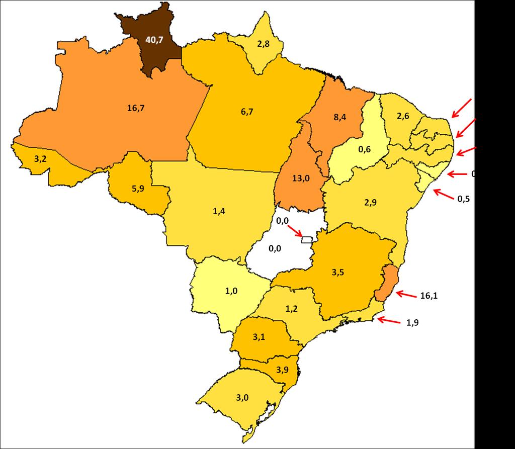 A REGIÃO NORTE APRESENTOU AS MAIORES INCIDÊNCIAS DE OFIDISMO OCUPACIONAL No ano de 2007, Acre, Rondônia e Distrito Federal não registraram nenhum caso de ofidismo ocupacional entre trabalhadores da