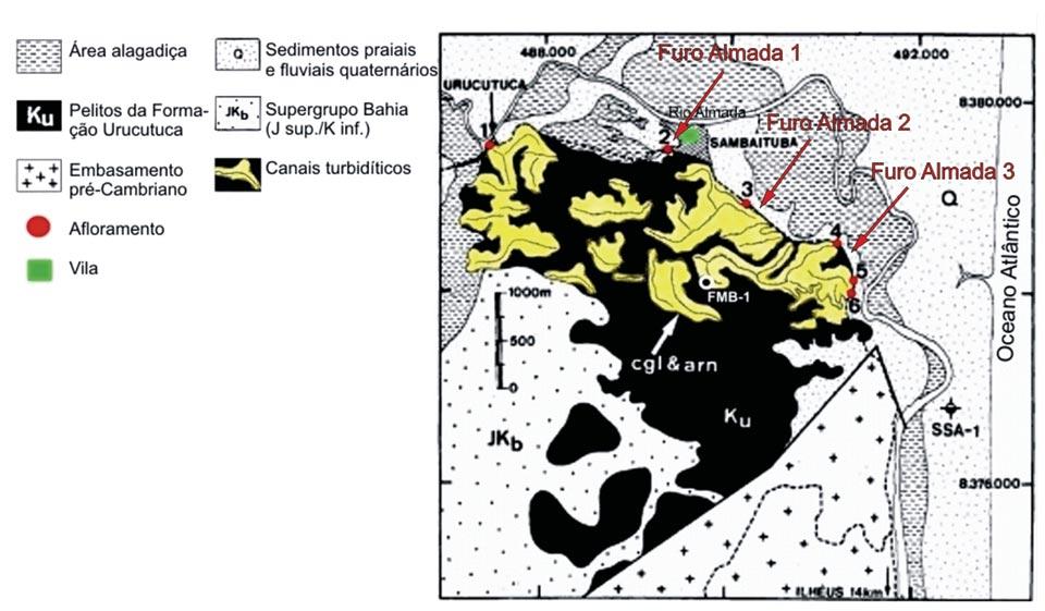 Figura 21 Mapa de localização dos afloramentos e dos três furos de sondagem que realizaram as testemunhagens deste projeto. Figura modificada de Bruhn e Moraes (1989).