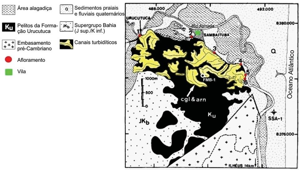 Figura 2 Mapa geológico e localização dos afloramentos estudados na Bacia de Almada (modificada de Bruhn e Moraes, 1989).