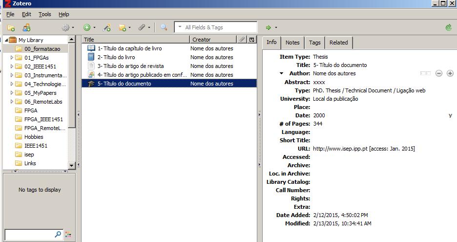 5- Outros tipos (ver formatação obtida em [5]): [5] Nome dos autores, 5- Título do documento, PhD. Thesis / Technical Document / Ligação web, Local da publicação, 2000, p. 344 [Online].