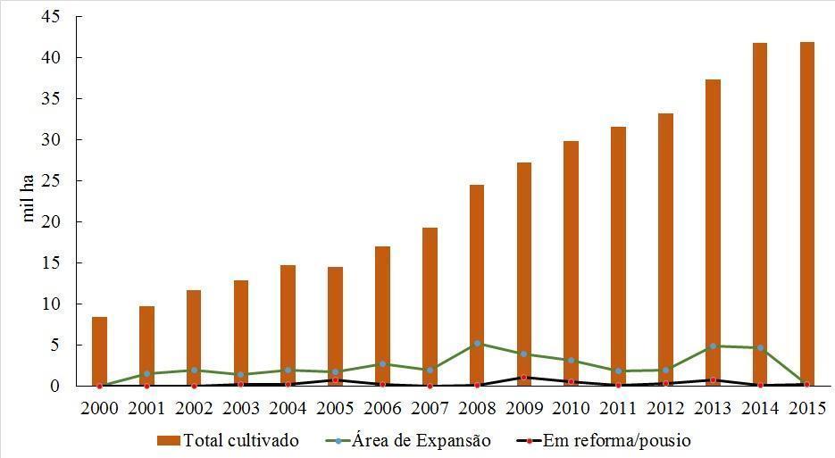 Figura 4. Áreas com cana-de açúcar, em hectares, na área de estudo entre os anos de 2000 e 2015.