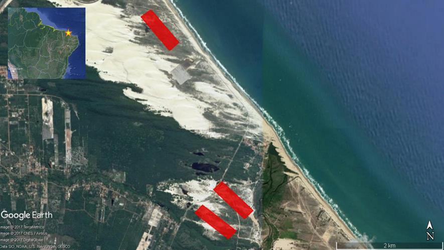 15 Figura 1 - Mapa do litoral do município de Caucaia. Os retângulos vermelhos correspondem ao espaço amostral de cada uma das três áreas utilizadas no experimento.