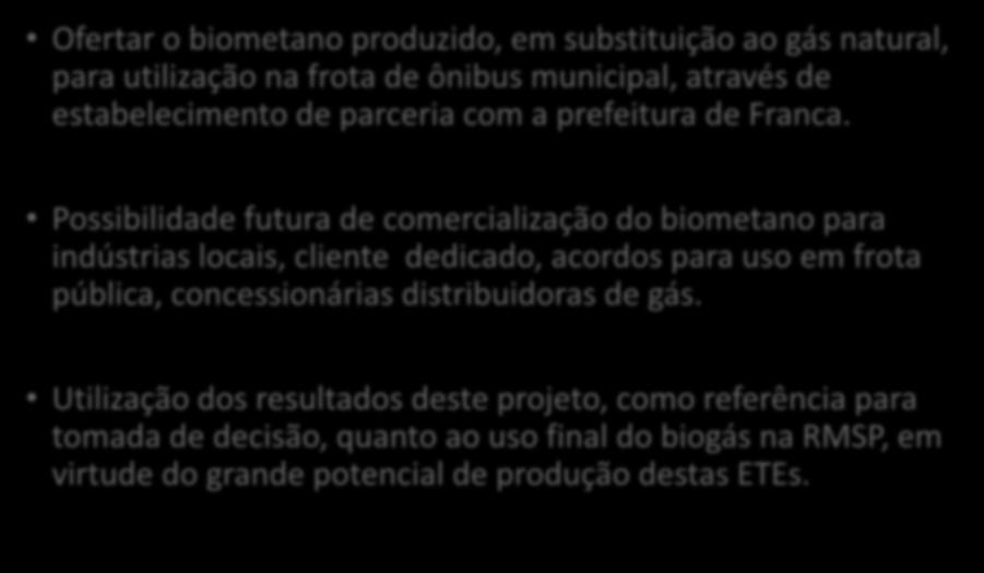 Perspectivas Potenciais Ofertar o biometano produzido, em substituição ao gás natural, para utilização na frota de ônibus municipal, através de estabelecimento de parceria com a prefeitura de Franca.