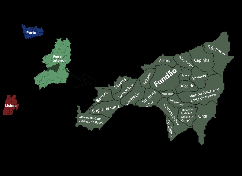 Localização Situado na região Centro, mais especificamente na denominada região da Cova da Beira, na vertente setentrional da serra da Gardunha, e ocupa uma área de 700 Km2, na qual se distribuem 23