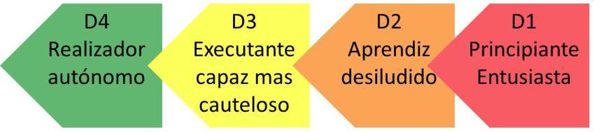 D1- Principiante Entusiasta: tem um baixo nível de competência e alto nível de compromisso. Tipicamente é a fase em que iniciamos uma tarefa que nunca realizamos.