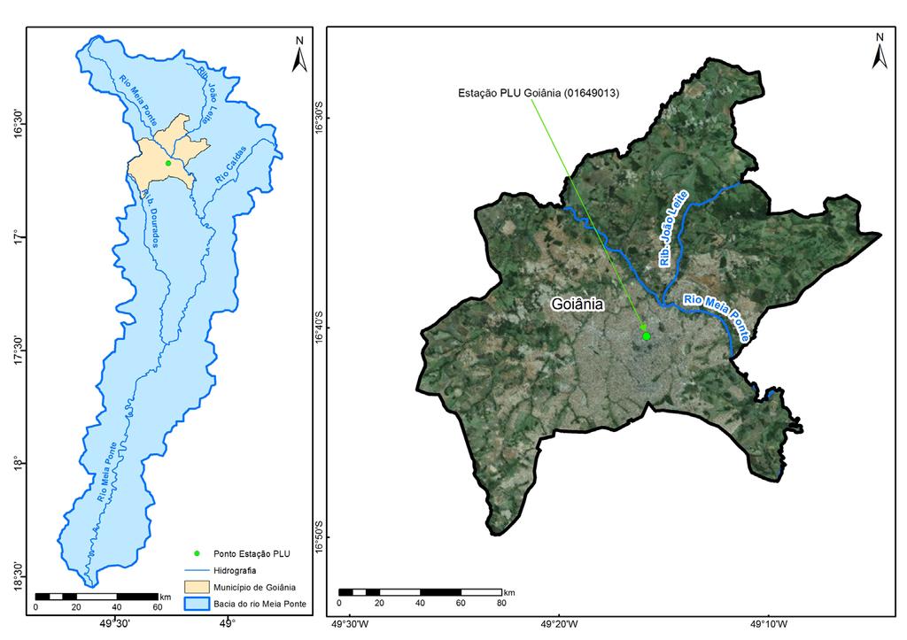 Figura 1 Localização da cidade de Goiânia e da estação pluviométrica Goiânia (01649013) seus parâmetros.